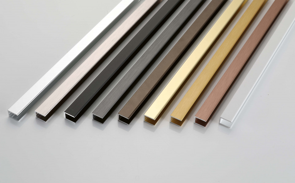 Selection of metal profiles in light, dark and warm metallic colours and finishes