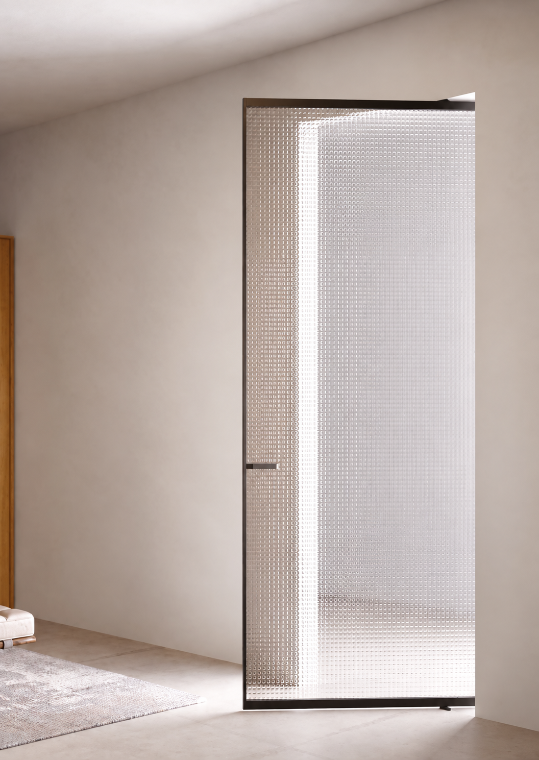 Pivot door with textured glass and a slim dark frame