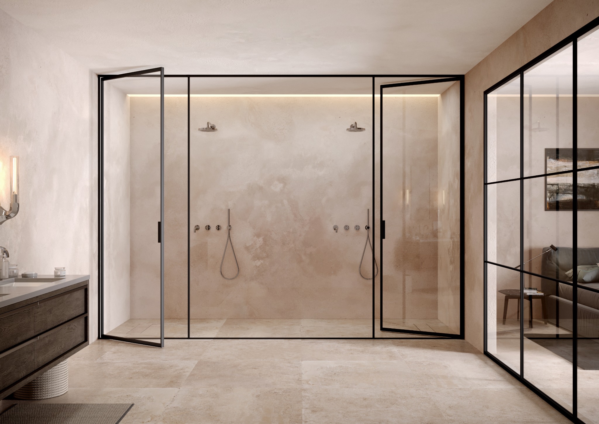 Shower enclosure with two open glass doors in black profiles