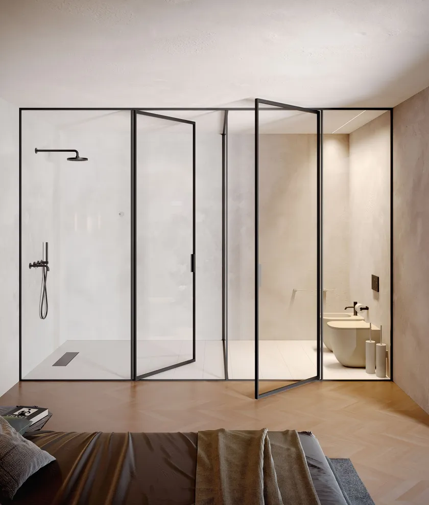Glass doors between bedroom and bathroom